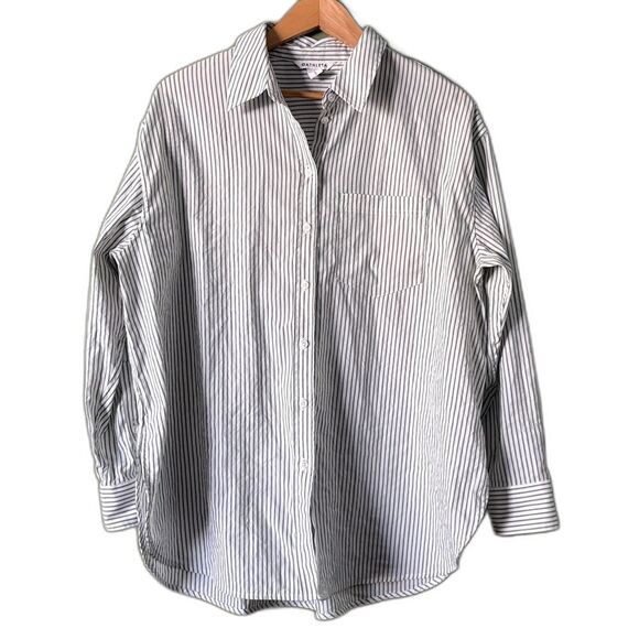 Athleta White Green Striped Button Down Long Sleeve Shirt Sz L - Picture 2 of 7